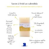 schéma expliquant les propriétés du savon à froid au calendula pour toute la famille