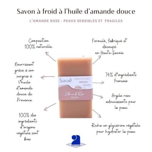 Savon surgras huile d'amande douce descriptif infographie expliquant les propriétés du savon à froid